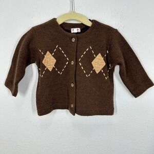 Il Gufo Brown Argyle Wool Blend Cardigan Sweater Baby 6 Months Made in Italy